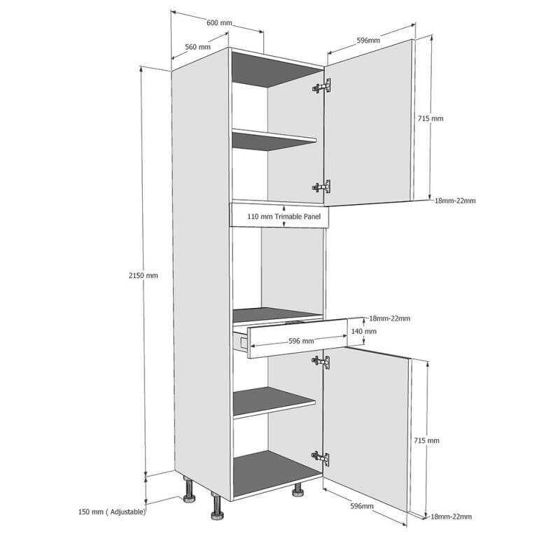 600mm Tall Microwave Housing with Drawer & Doors (High) Dimensions