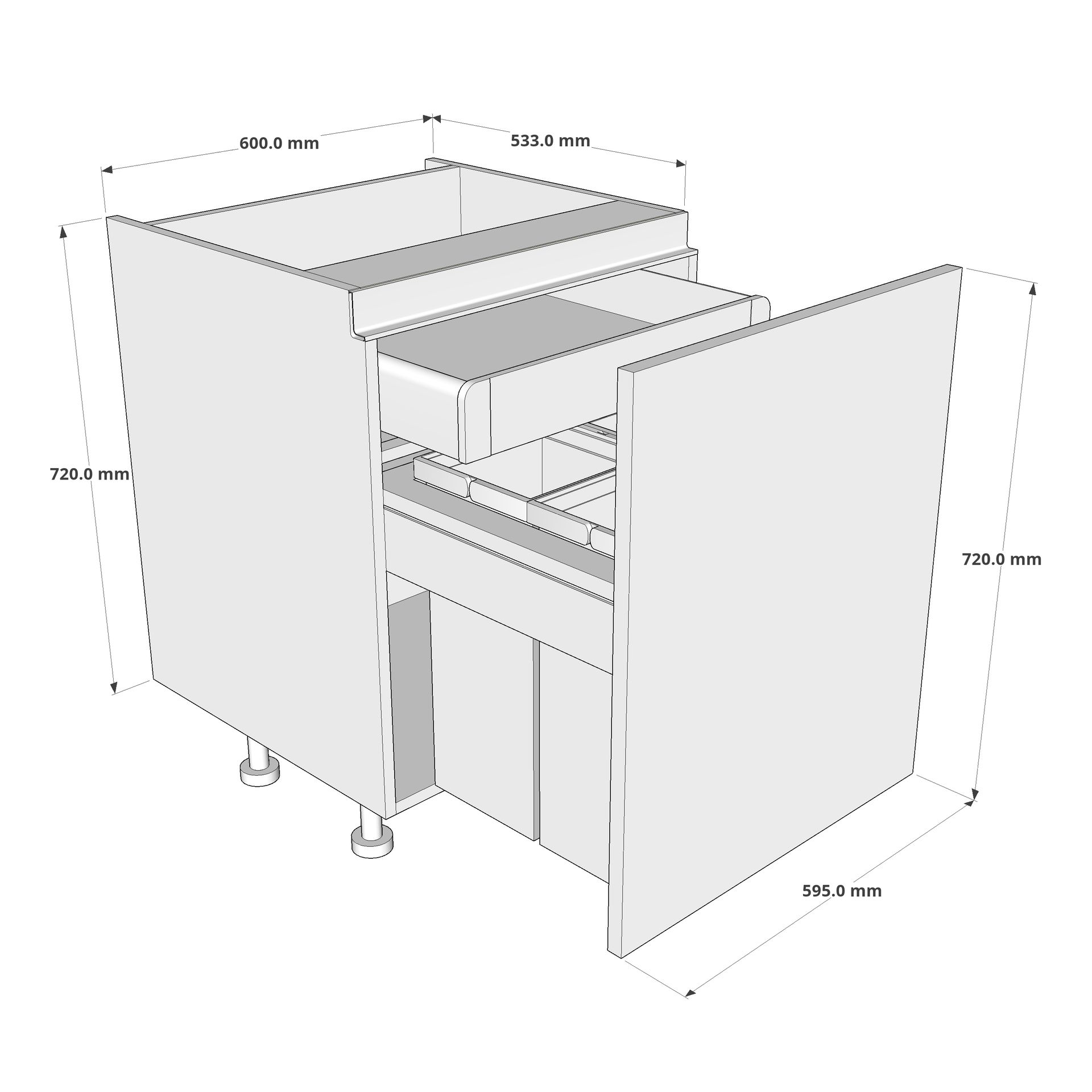 600mm True Handleless BIN STORE Base Unit Highline with Internal Drawer (2 x 12.5L & 1 x 28L) Dimension