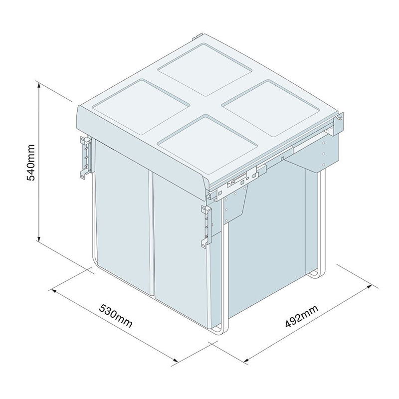Base Mounted Pull-Out Waste Bin - 2 x 17 & 1 x 34 Litre - Soft Close - 600mm Wide Dimensions