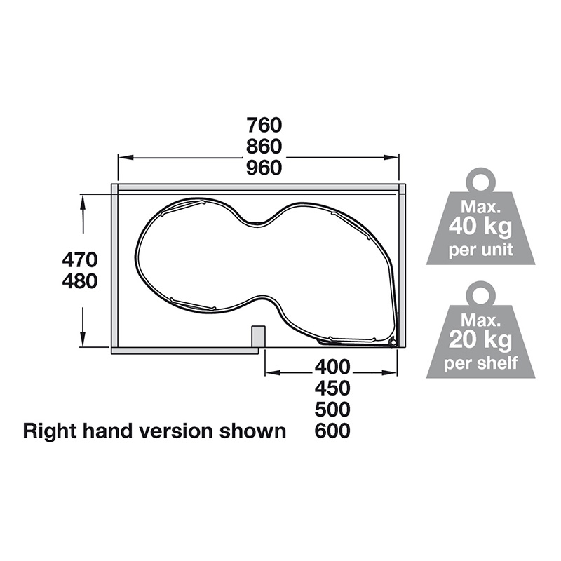 Corner Pull Out Shelving Mechanism - To Suit 1000mm Unit with 500mm Door - Left Hand Dimensions