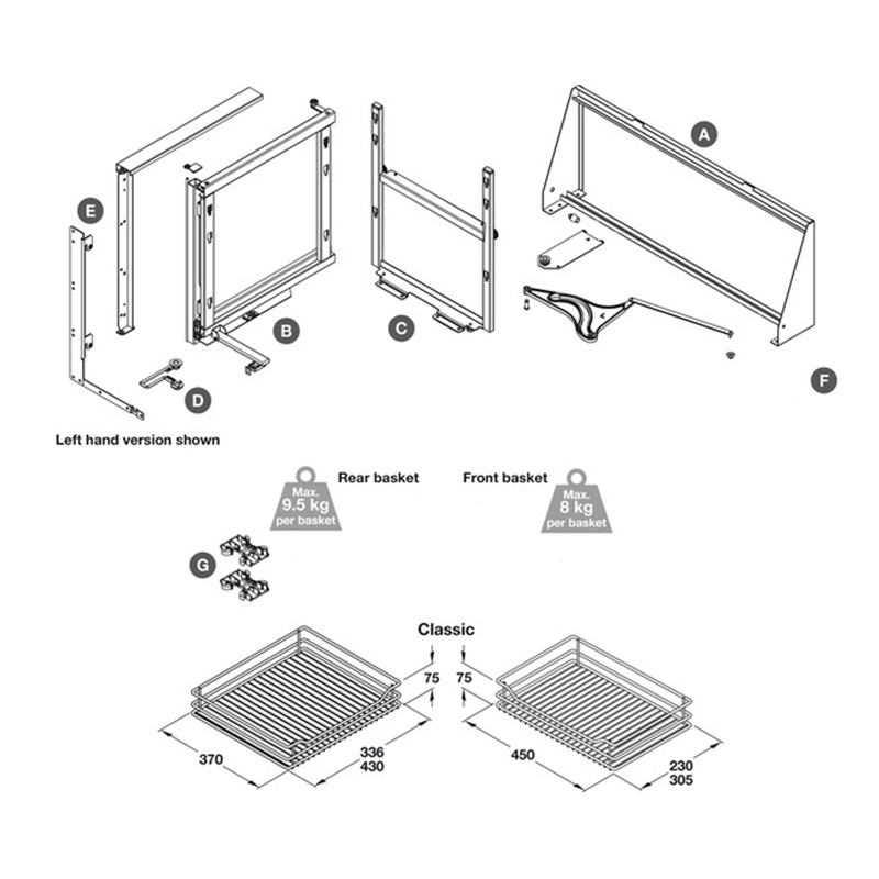 Magic Swing Out Corner Mechanism- To Suit 1000mm Unit with 500mm Door - Left Hand Dimensions