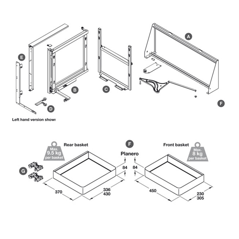 PLANERO Swing Out Corner Mechanism - To Suit 1000mm Unit with 600mm Door - Right Hand Dimensions