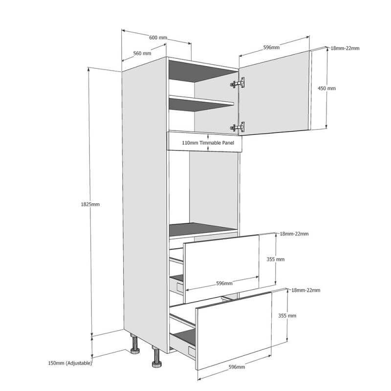 600mm Tall Single Oven Housing with 2 x Drawers (Low) Dimensions