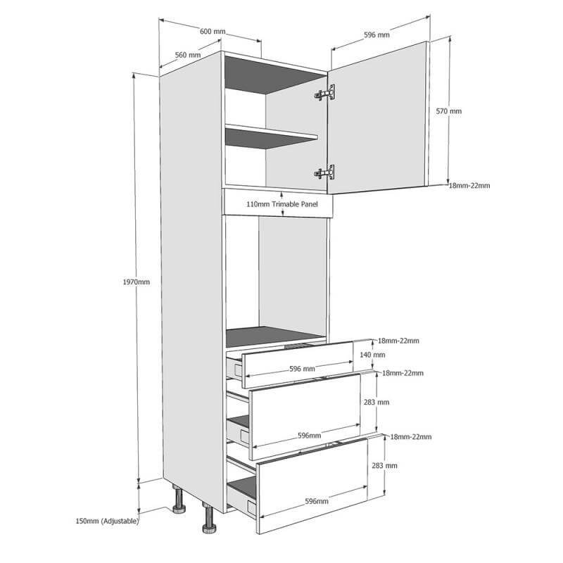 600mm Tall Single Oven Housing with 3 x Drawers (Medium) Dimensions