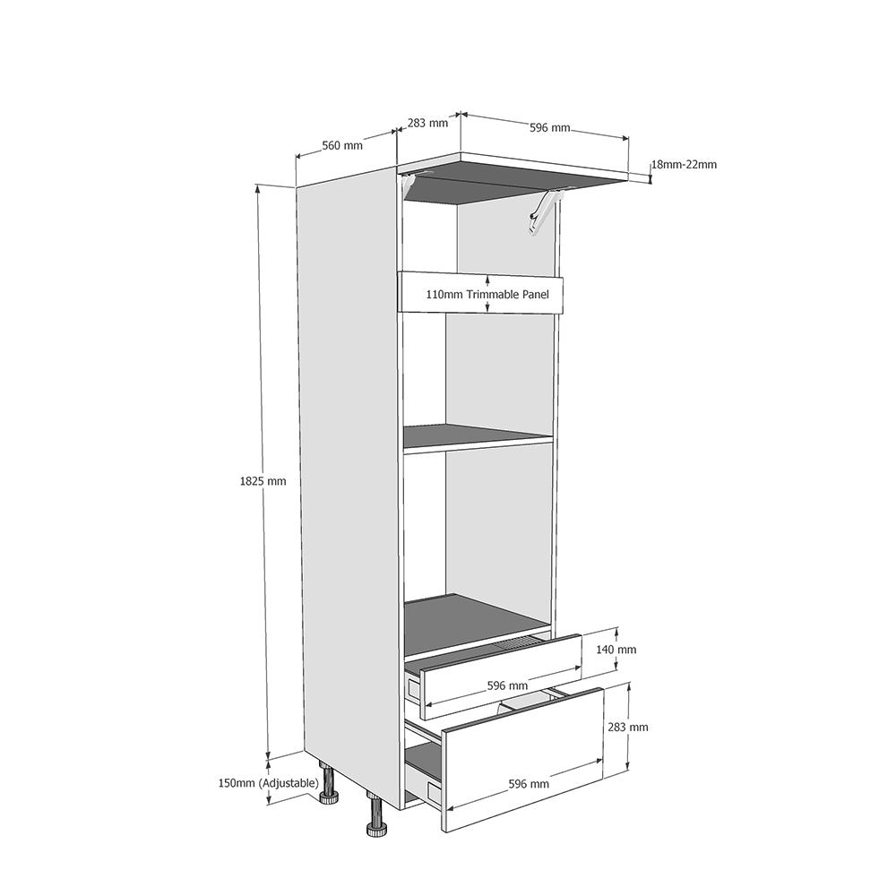600mm Tall Single Oven & Mic Housing with 2 x Drawers (Low) Dimensions
