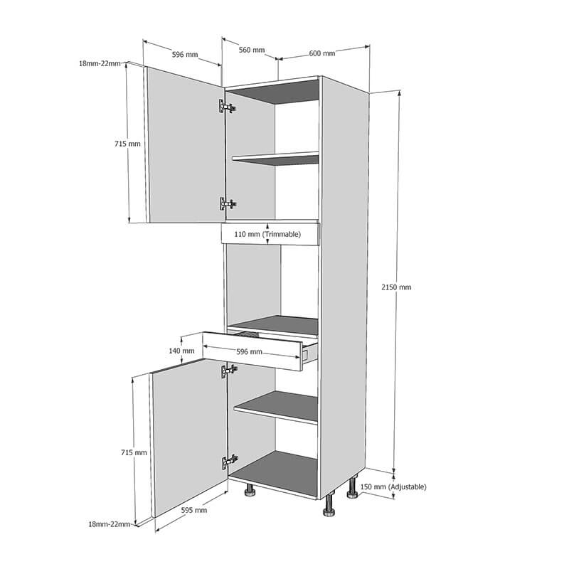 600mm True Handleless Tall Microwave Oven Housing - LH Hinge (High) Dimensions