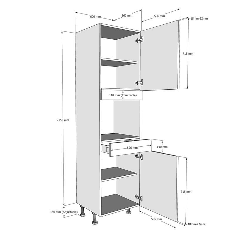 600mm True Handleless Tall Microwave Oven Housing - RH Hinge (High) Dimensions