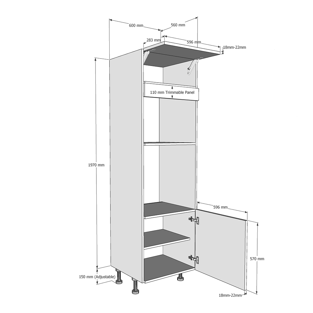 600mm True Handleless Tall Single Oven & Microwave Oven Housing - RH Hinge (Medium) Dimensions