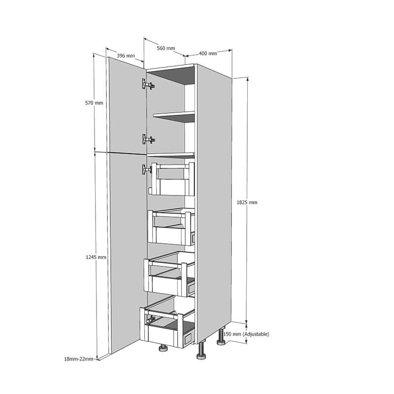 400mm True Handleless Larder Unit with 4 x Internal Drawers - LH Hinge (Low) Dimensions