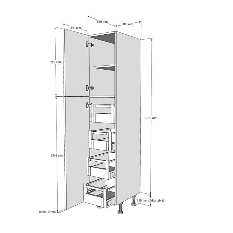 400mm True Handleless Larder Unit with 4 x Internal Drawers - LH Hinge (Medium) Dimensions 