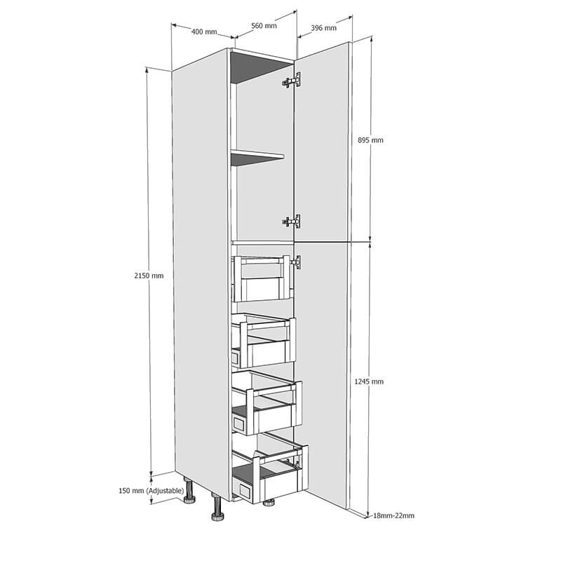 400mm True Handleless Larder Unit with 4 x Internal Drawers - RH Hinge (High) Dimensions