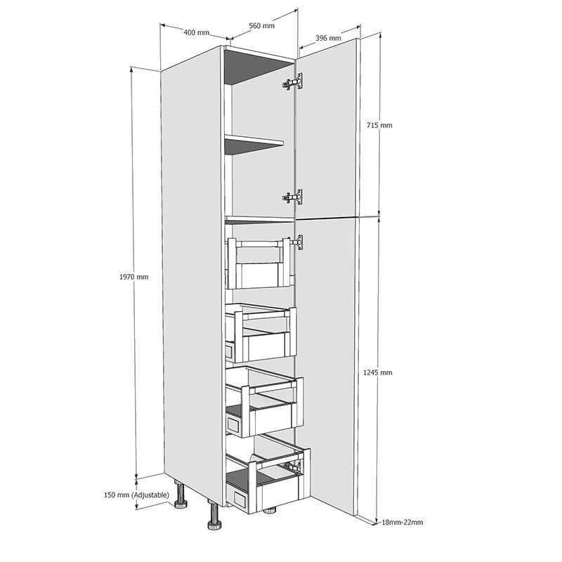 400mm True Handleless Larder Unit with 4 x Internal Drawers - RH Hinge (Medium) Dimensions