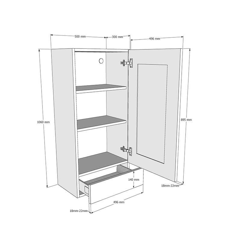 500mm Worktop Dresser with 1 x Drawer Unit to suit 25-40mm Worktops (Low) Dimensions