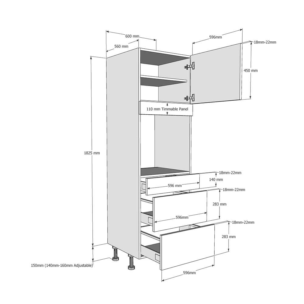 600mm Tall Single Oven Housing with 3 x Drawers (Low) Dimensions