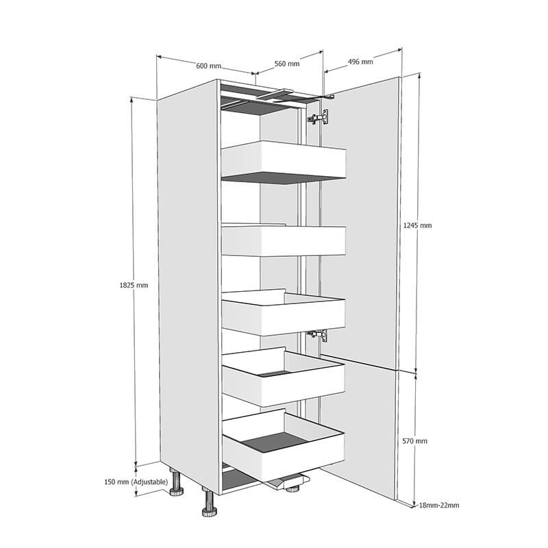 600mm Tall Planero Swing Out Larder Unit - 570mm Lower Door (Low) Dimensions