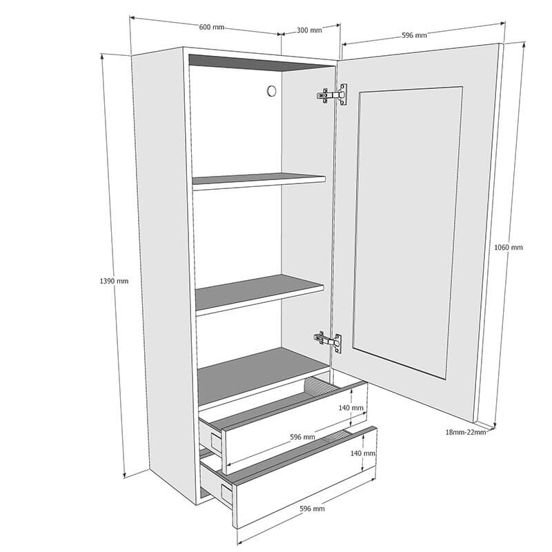 600mm Worktop Dresser with 2 x Drawer Unit to suit 25 40mm