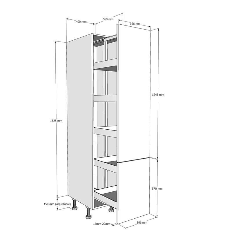 400mm Tall Planero Pull Out Larder Unit - 570mm Lower Door (Low) Dimensions