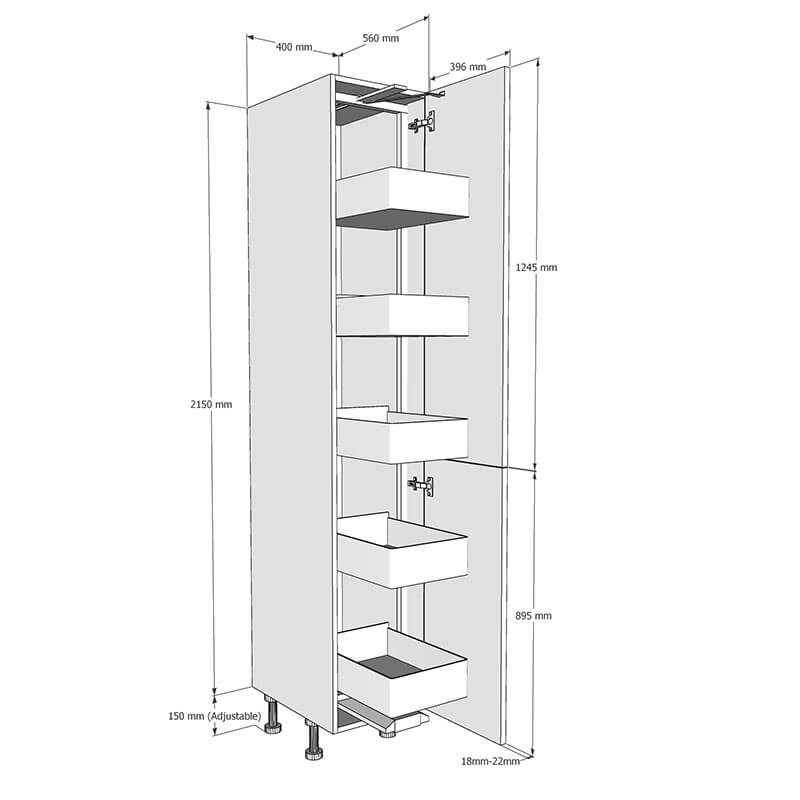 400mm Tall Planero Swing Out Larder Unit - 895mm Lower Door (High) Dimensions