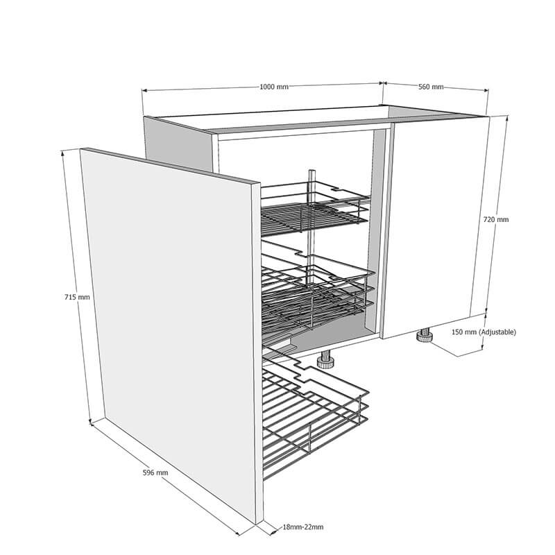 1000mm Highline Corner Base Unit - Magic Corner - 600mm LH Hand Door Dimensions