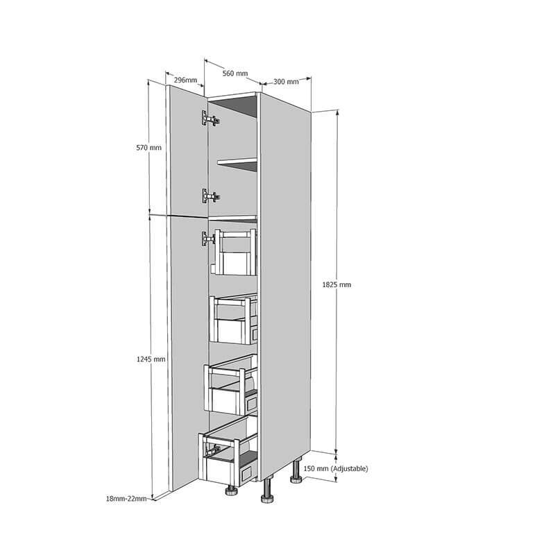 300mm True Handleless Larder Unit with 4 x Internal Drawers - LH Hinge - (Low) Dimensions