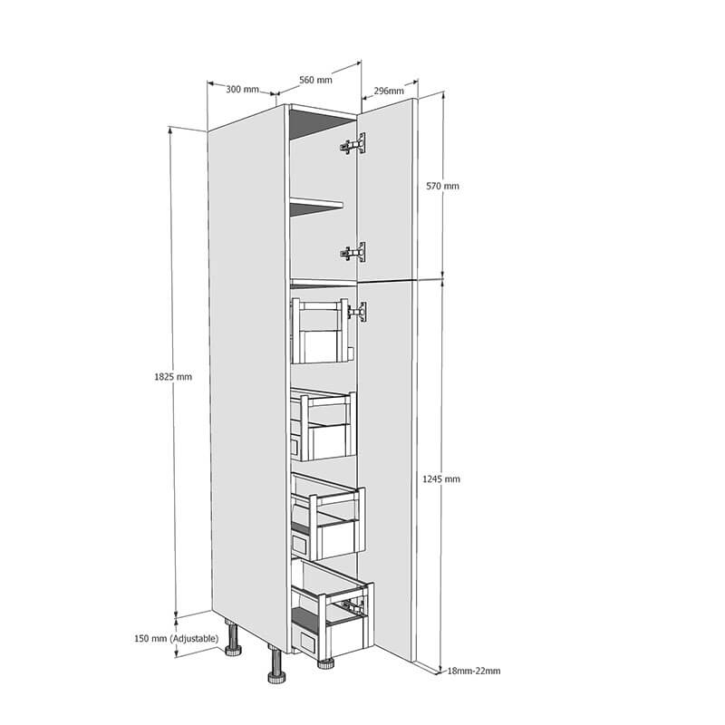 300mm True Handleless Larder Unit with 4 x Internal Drawers - RH Hinge (Low) Dimensions