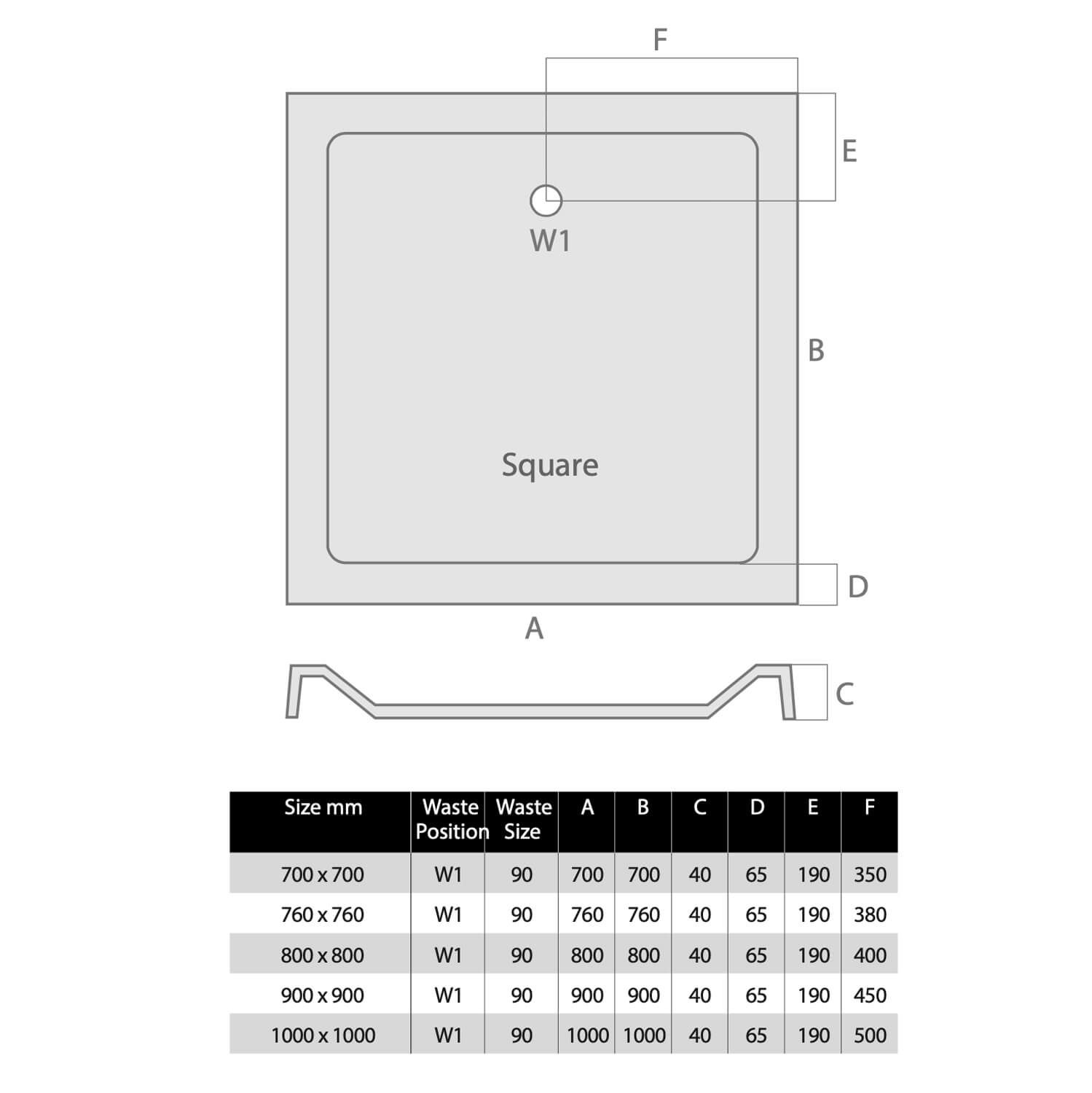 Square Shower Trays - Various Sizes S0001_2