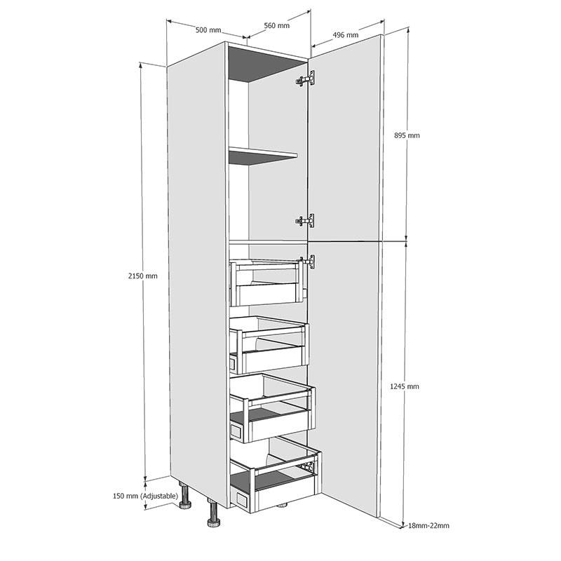 500mm Tall Larder Unit with 4 x Internal Drawers (High) Dimensions