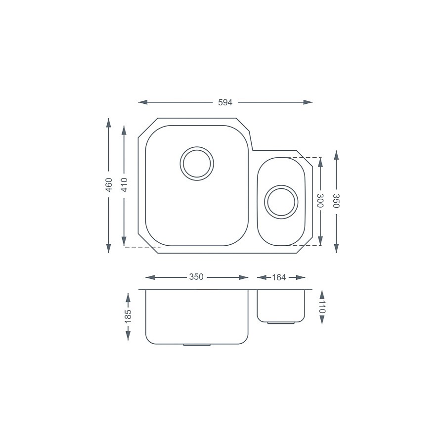 Derwent 1.5 bowl Brushed Steel Undermount Sink - RH Main Bowl Dimensions