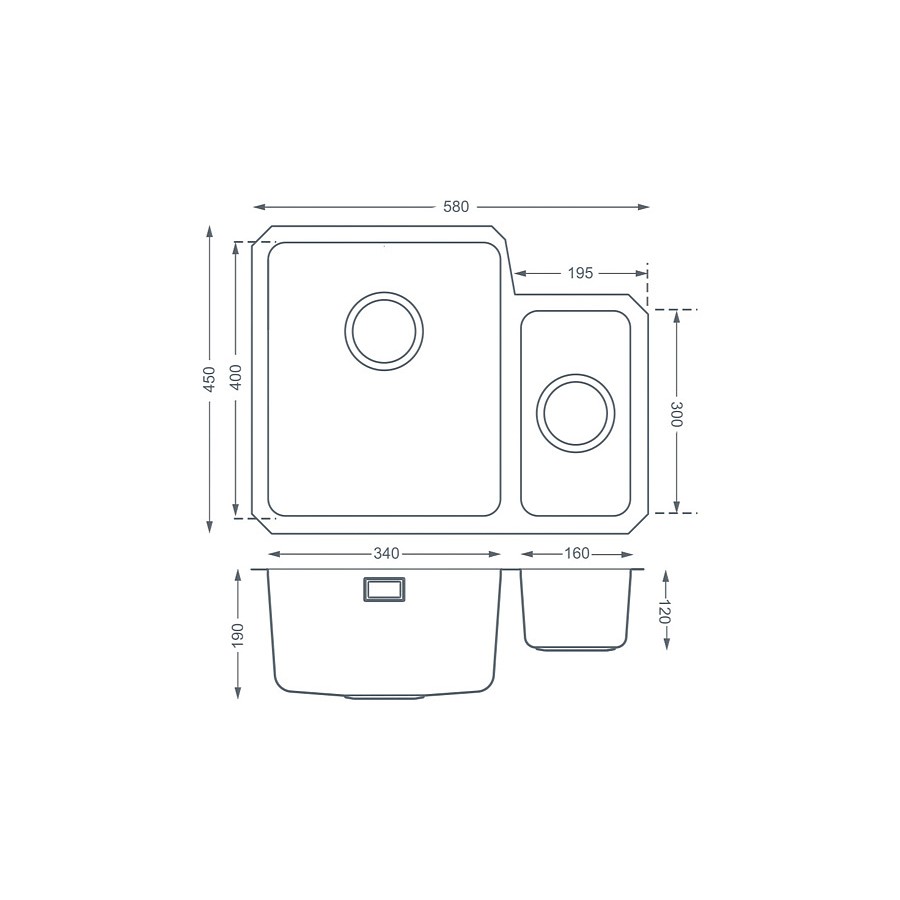 Colne 1.5 bowl Brushed Steel Undermount Sink - LH Main Bowl Dimensions