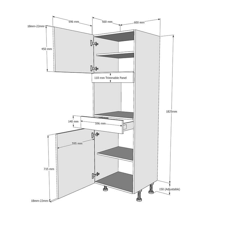 600mm True Handleless Tall Microwave Oven Housing - LH Hinge (Low) Dimensions