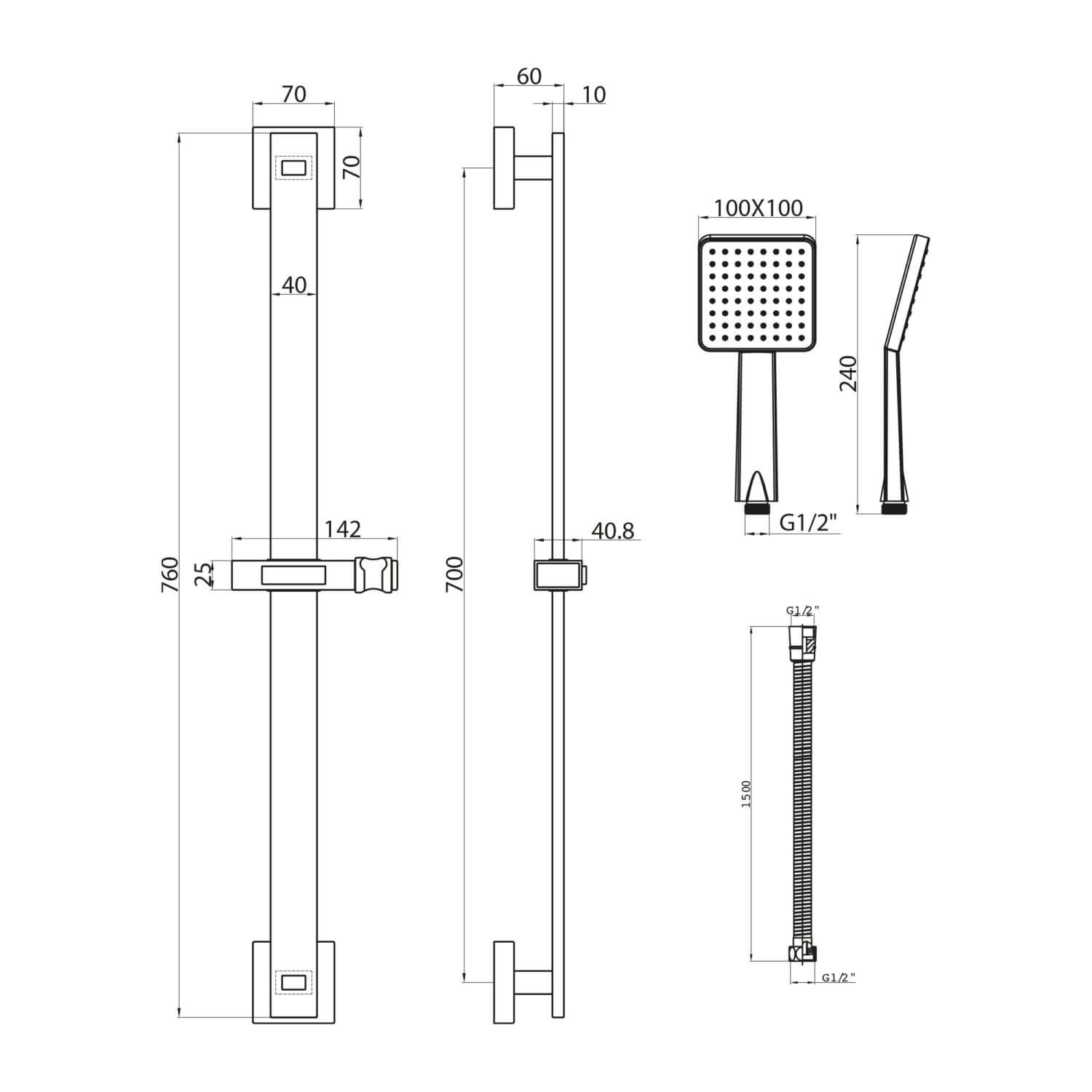 Lunar Slide Rail Kit with Square Chrome Handset RISERKIT004_2