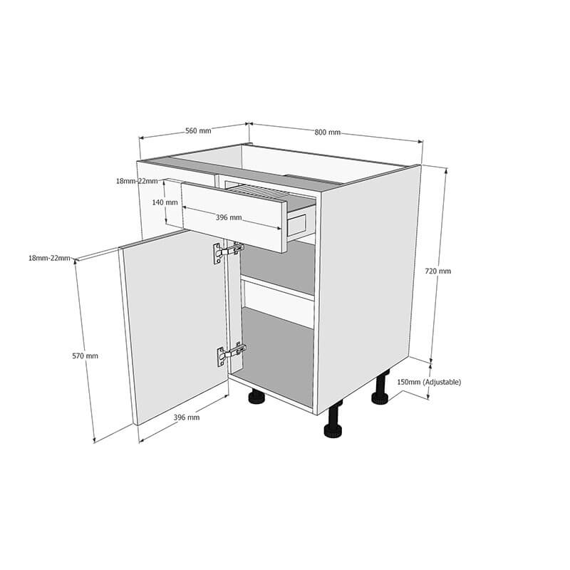 800mm Drawerline Corner Base Unit With Adjustable Corner Post - 400mm RH Hand Door Dimensions