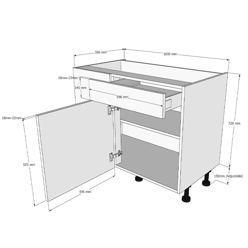 1000mm Drawerline Corner Base Unit With Adjustable Corner Post - 600mm RH Hand Door Dimensions