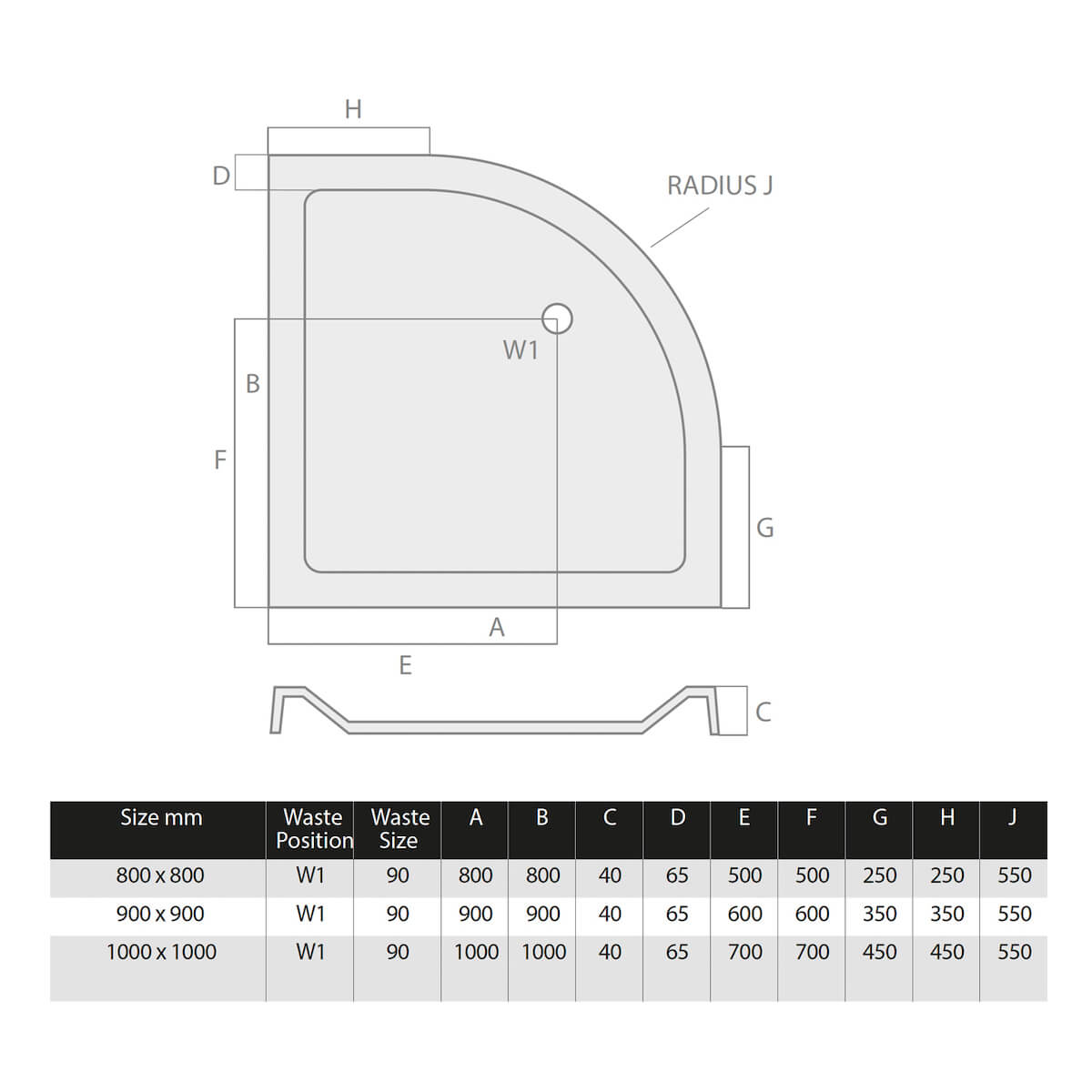 Quadrant Shower Tray 800 X 800 X 40mm S0027_2