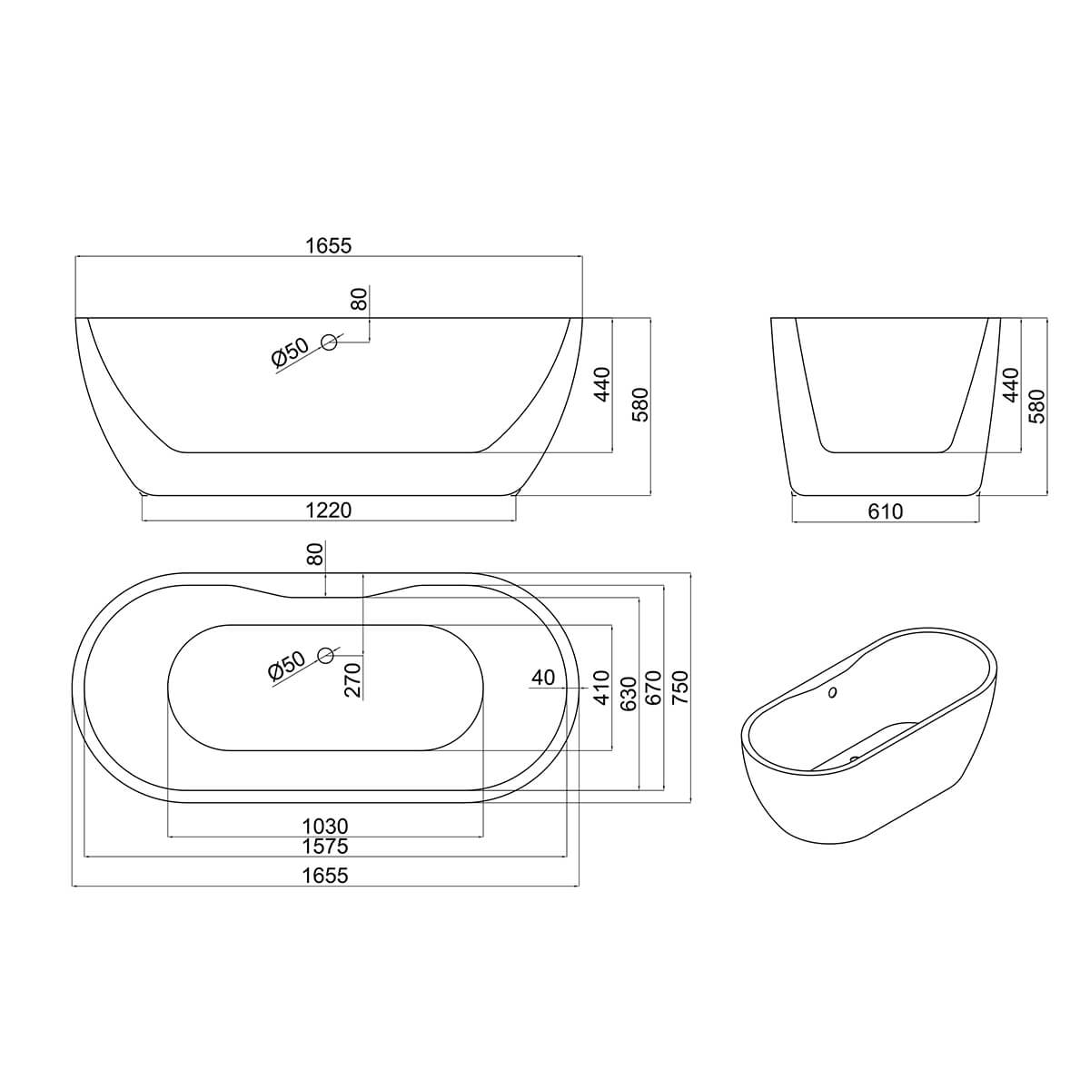 Onyx Bath In Acrylic White - 1655 x 745mm BATH-DE1655_2
