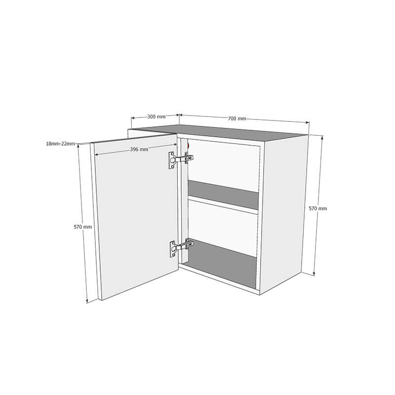 700mm Standard Corner Wall Unit With Adjustable Corner Post - 400mm Door (Left Blank) (Low) Dimensions