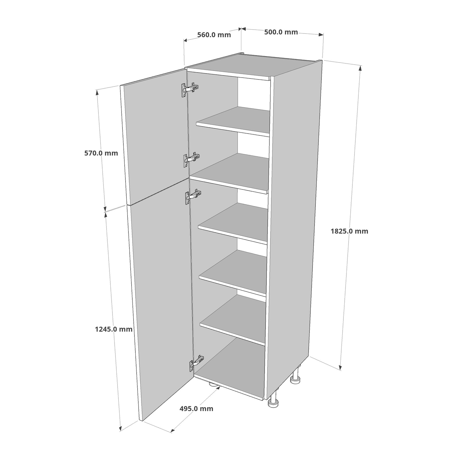 500mm True Handleless Larder Unit - LH Hinge (Low) Dimension