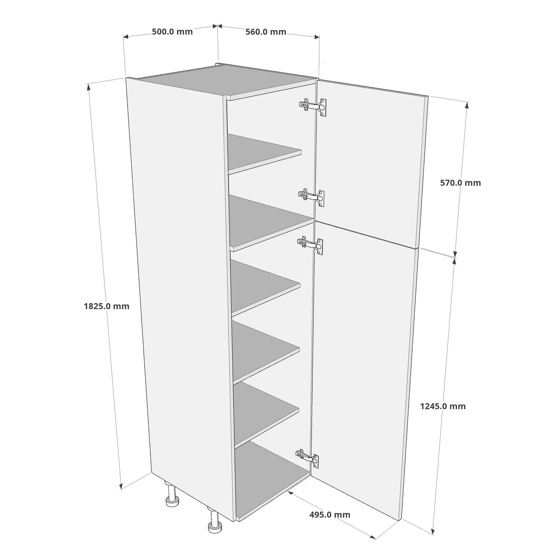 500mm True Handleless Larder Unit - RH Hinge (Low) Dimension