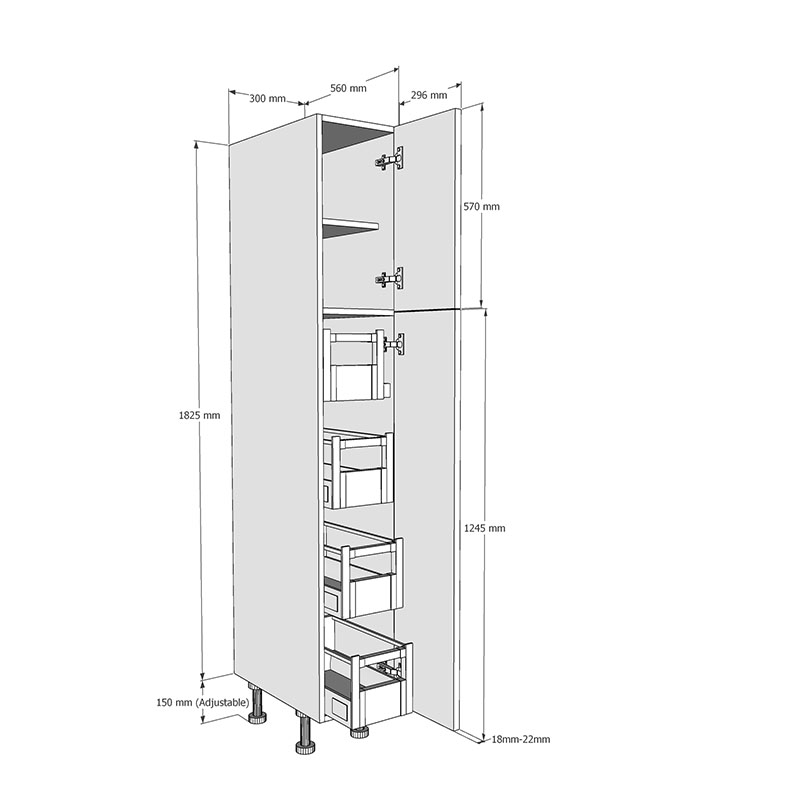 300mm Tall Larder Unit with 4 x Internal Drawers (Low) Dimension
