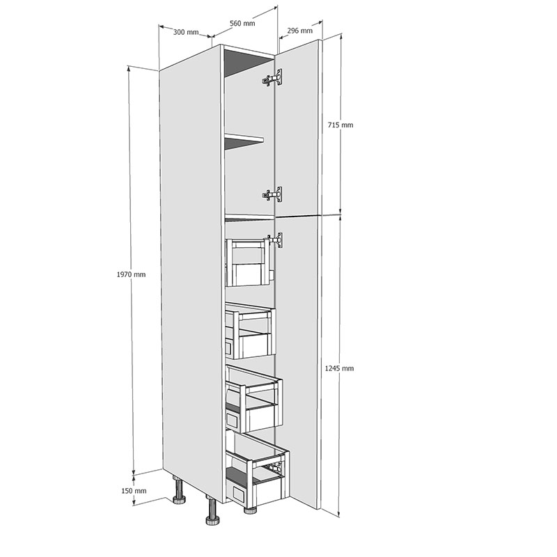 300mm Tall Larder Unit with 4 x Internal Drawers (Medium) Dimension