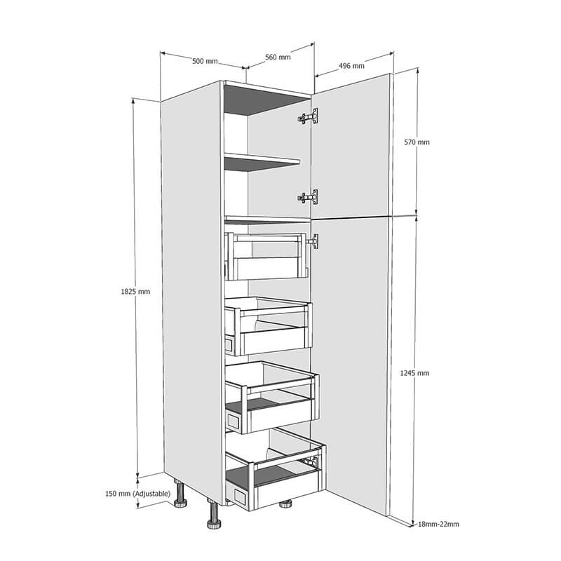 500mm True Handleless Larder Unit with 4 x Internal Drawers - RH Hinge (Low) Dimension