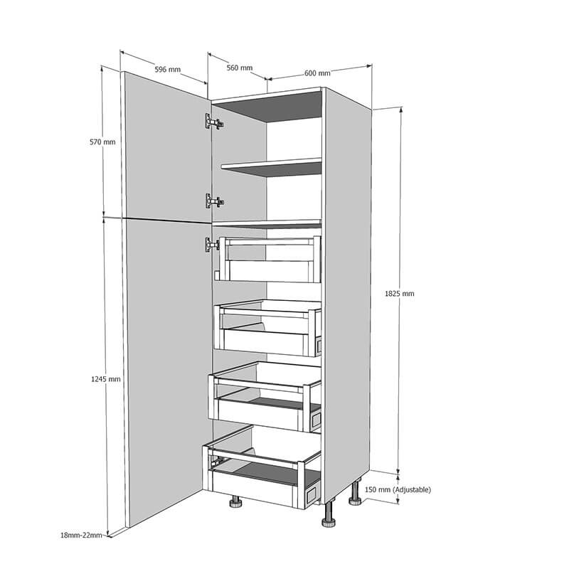 600mm True Handleless Larder Unit with 4 x Internal Drawers - LH Hinge (Low) Dimension