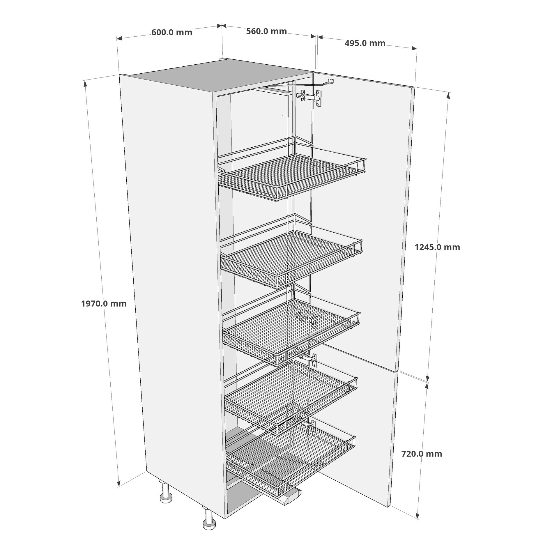 600mm Tall Swing Out Larder Unit - 720mm Lower Door (Medium) Dimension