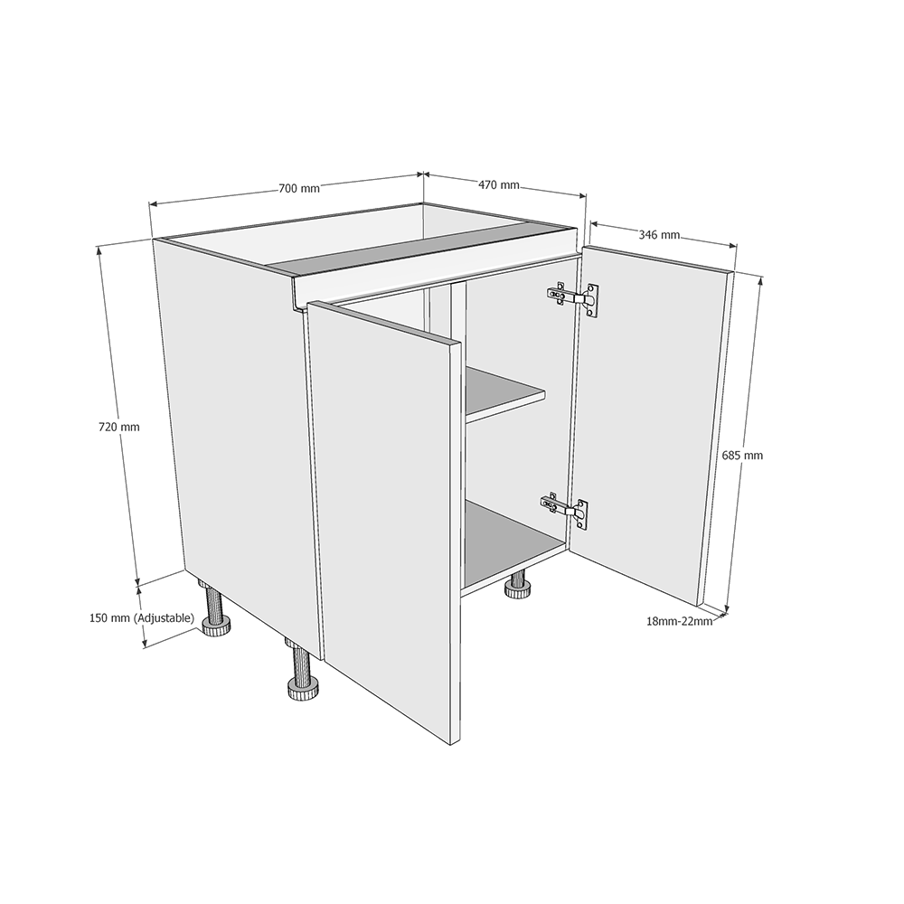 700mm True Handleless Highline Base Unit (470mm Deep) Dimensions