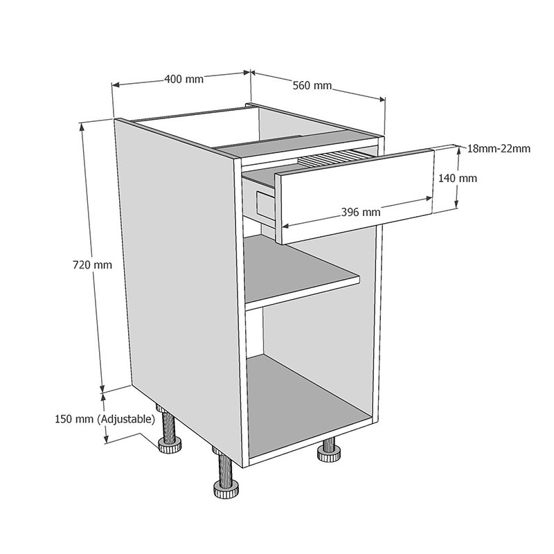 400mm Open Base Unit with Top Drawer Dimensions