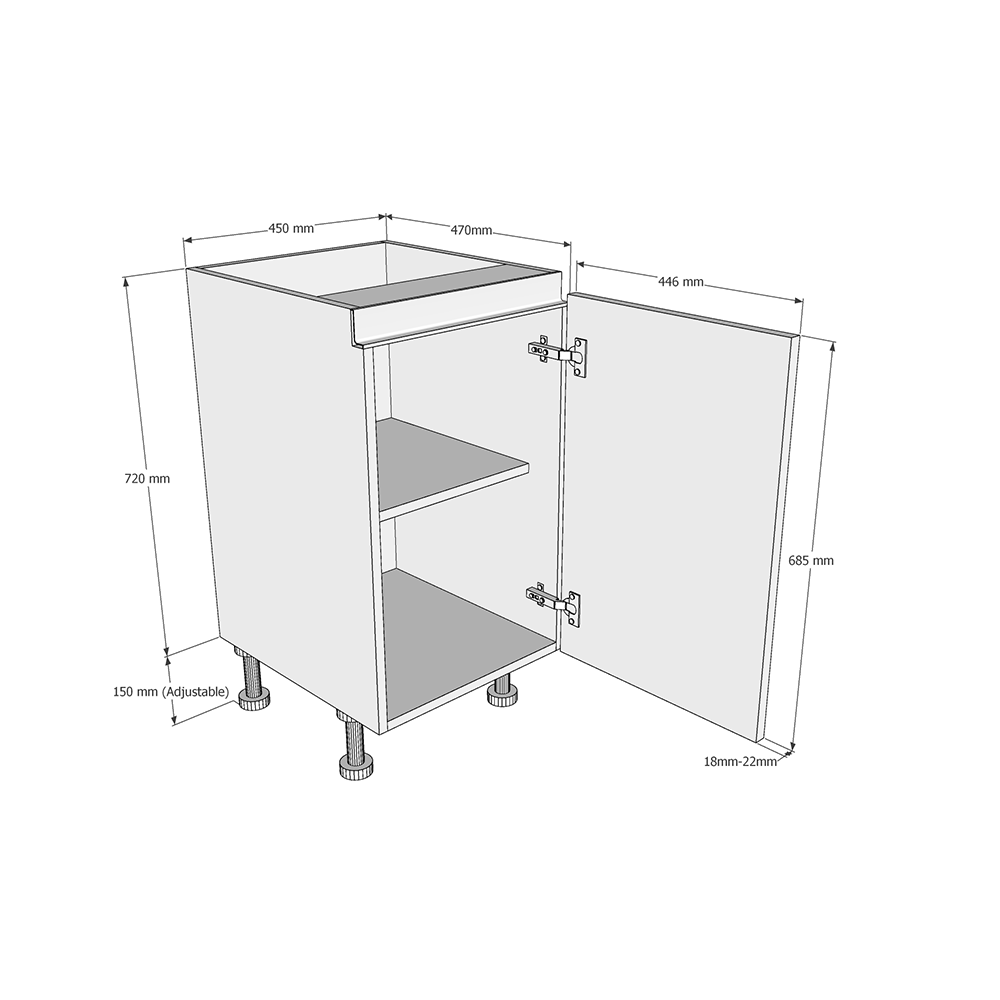 450mm True Handleless Highline Base Unit (470mm Deep) Dimensions