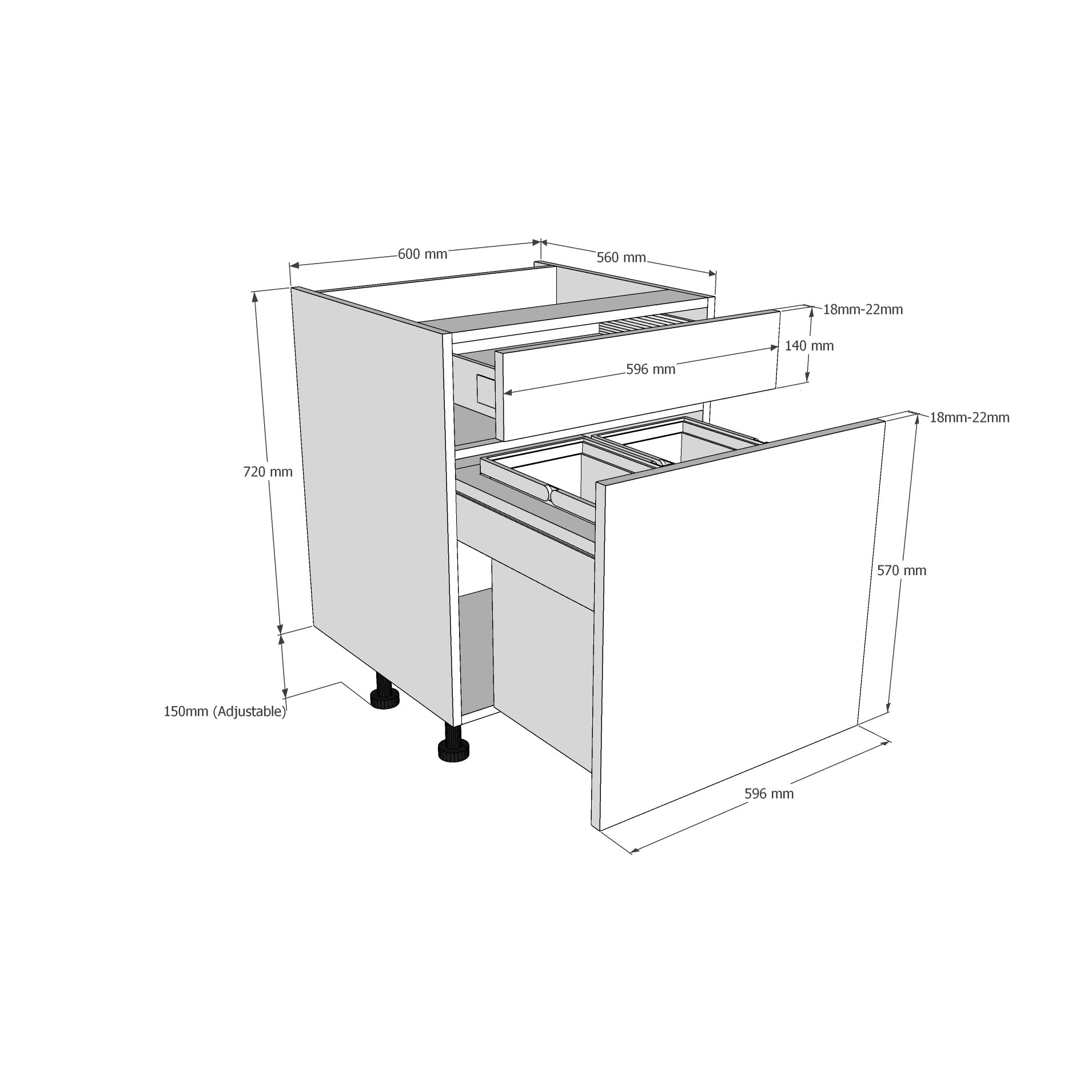 600mm BIN STORE Base Unit - Drawerline (2 x 28L) Dimension