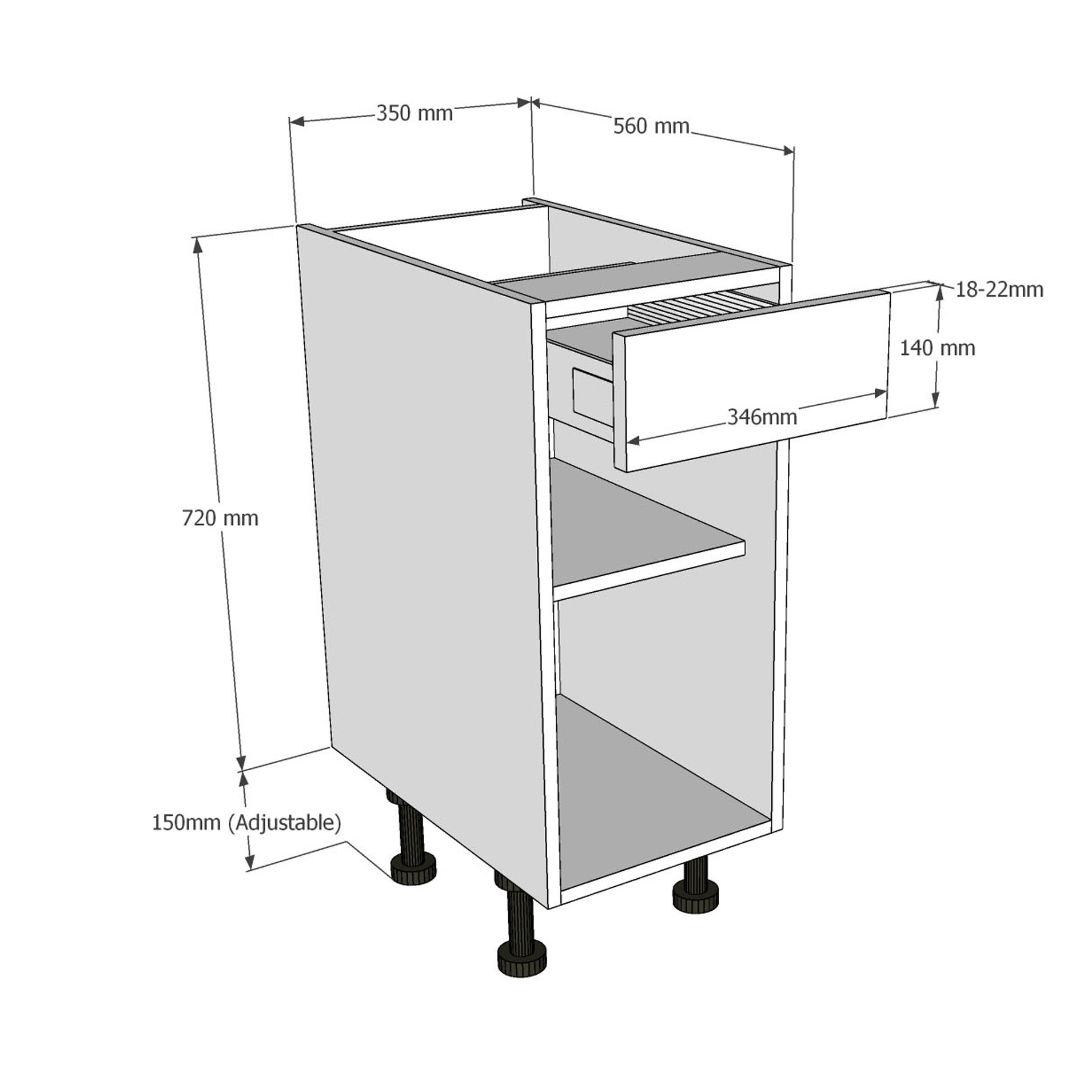 350mm Open Base Unit with Top Drawer Dimensions
