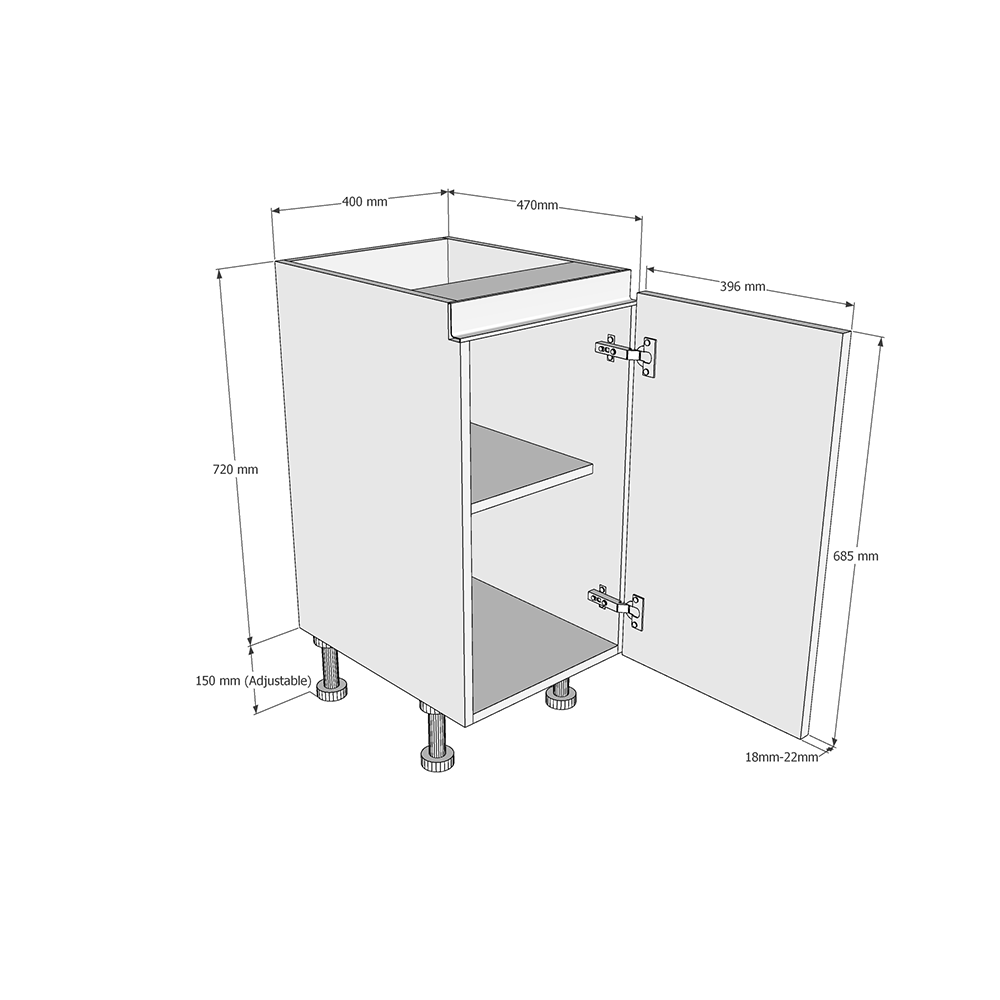 400mm True Handleless Highline Base Unit (470mm Deep) Dimensions