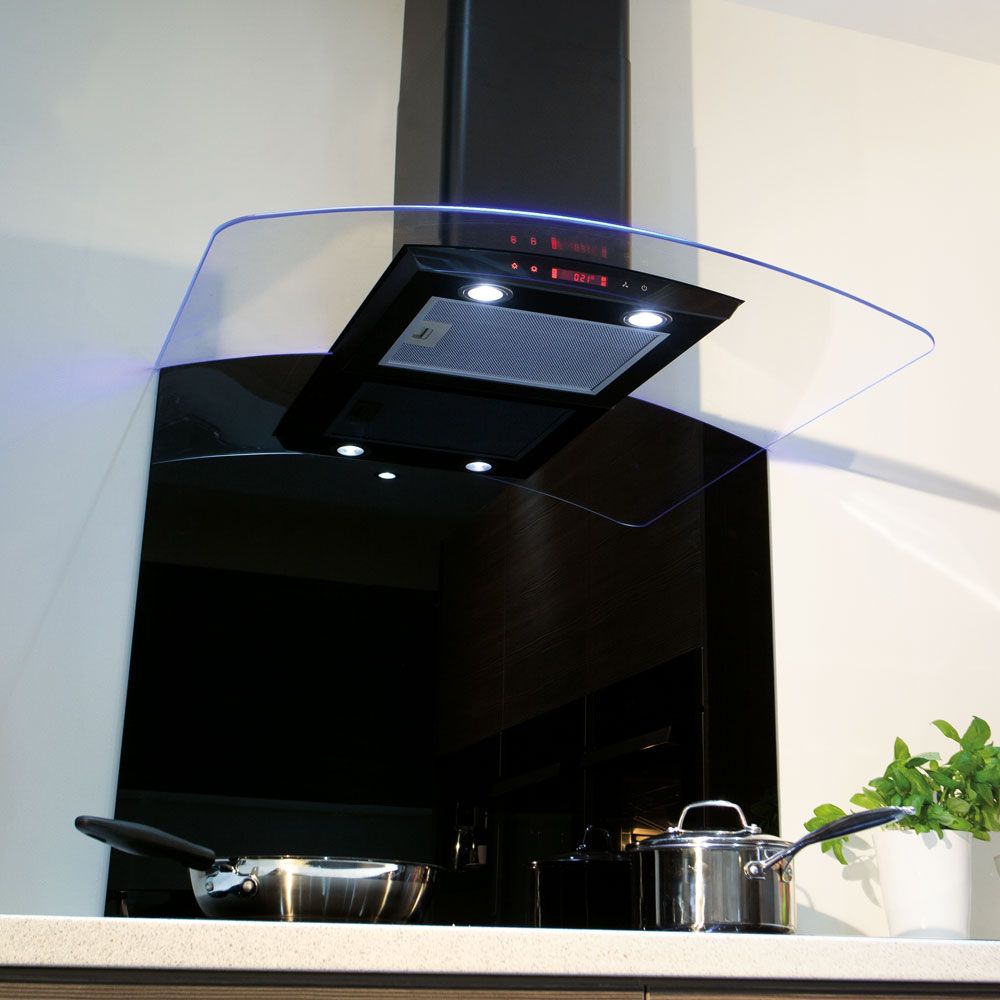 CDA EKP90BL 90cm Curved Glass Extractor with LED Edge Lighting